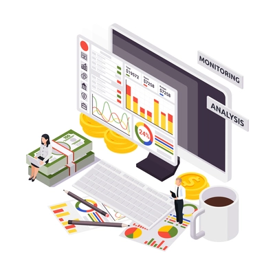 Wealth management isometric composition with desktop elements computer screens with statistics data and people vector illustration