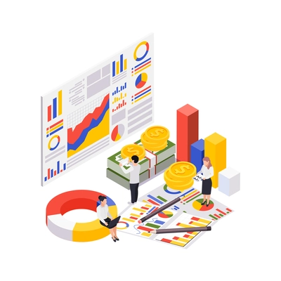 Wealth management isometric composition with people looking to screen with charts and diagrams with cash and coins vector illustration