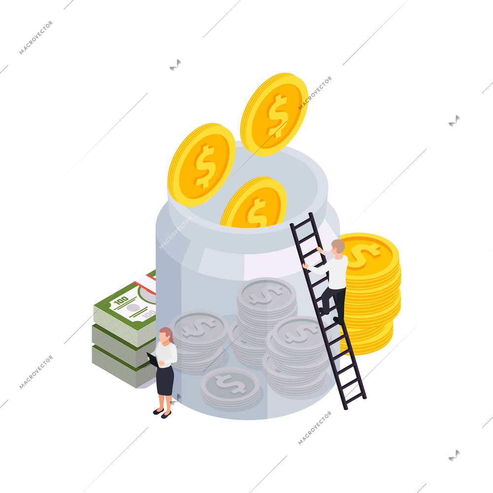 Wealth management isometric composition with glass can with collected coins with cash and people vector illustration