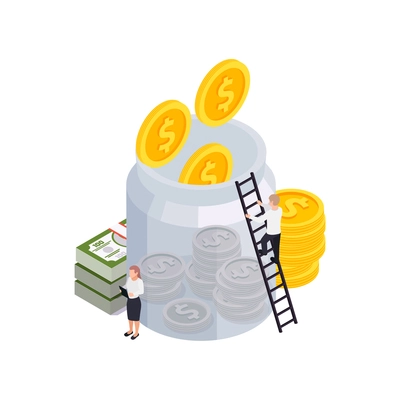 Wealth management isometric composition with glass can with collected coins with cash and people vector illustration