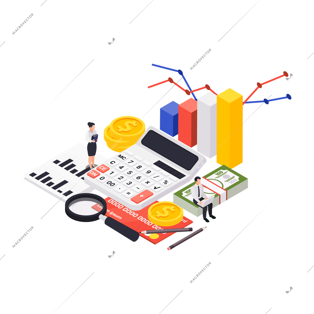 Wealth management isometric composition with images of calculator with hand lens and bar chart with coins vector illustration