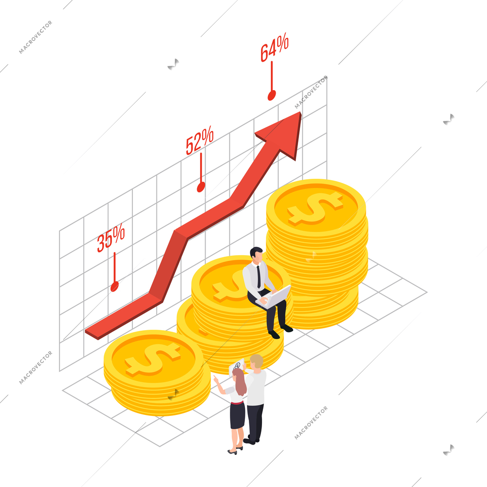 Wealth management isometric composition with stacks of coins with linear chart and percentage arrow vector illustration