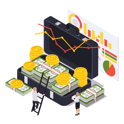 Wealth management isometric composition with case full of coins and banknotes with infographic charts vector illustration