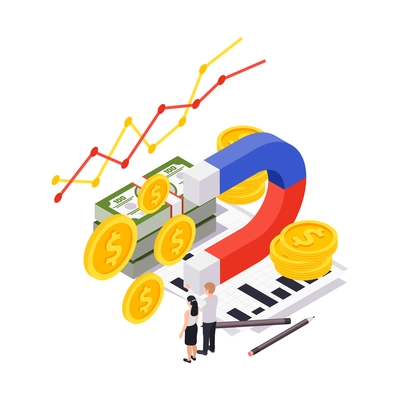 Wealth management isometric composition with dollar coins magnet cash and linear graph with human characters vector illustration