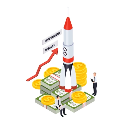 Wealth management isometric composition with people and images of rocket standing on cash stack with coins vector illustration