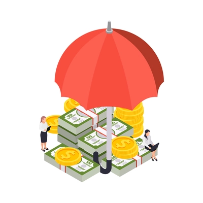 Wealth management isometric composition with image of umbrella covering cash money with human characters vector illustration