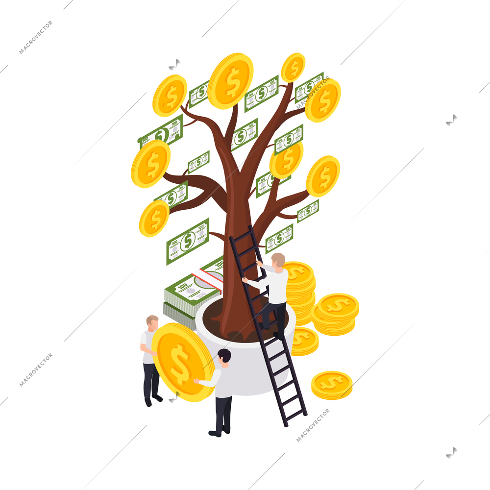 Wealth management isometric composition with money tree in pot growing cash coins and people vector illustration