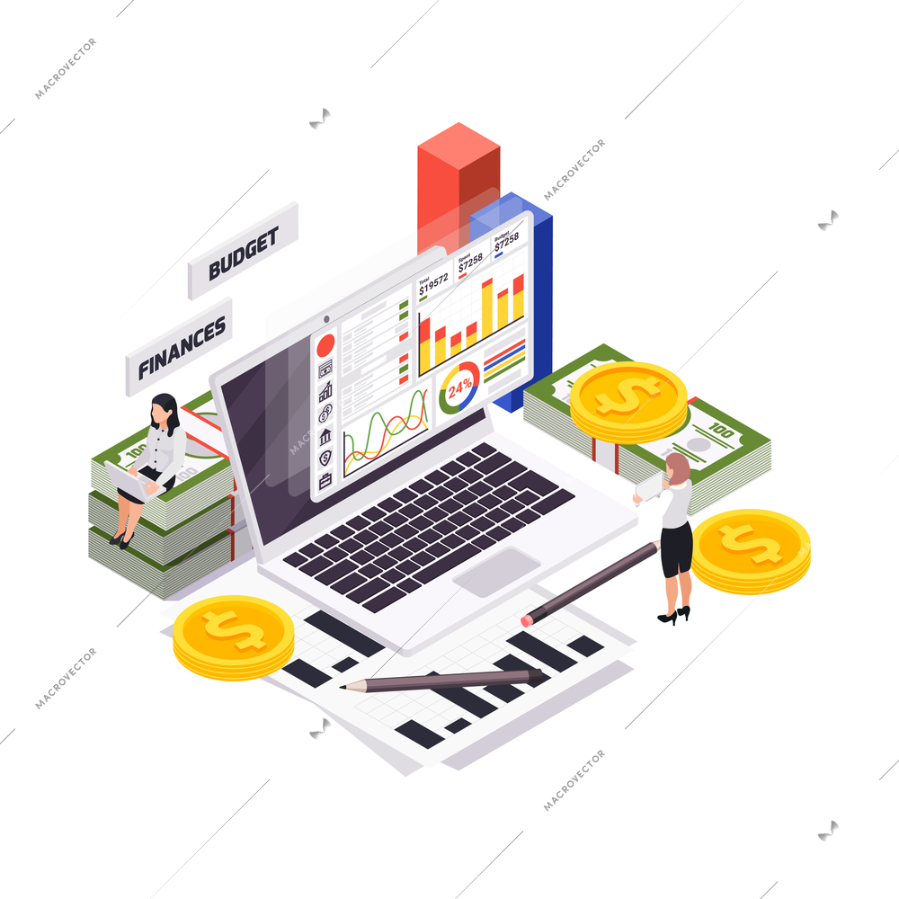 Wealth management isometric composition with business women characters stacks of cash with laptop and data charts vector illustration