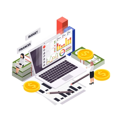 Wealth management isometric composition with business women characters stacks of cash with laptop and data charts vector illustration