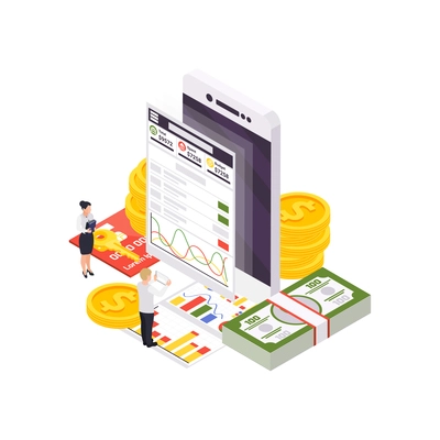 Wealth management isometric composition with smartphone application spent money statistics and human characters vector illustration