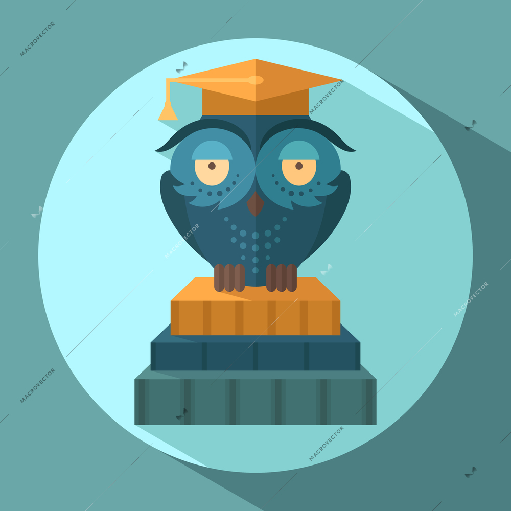 Blue owl in graduation cap sitting on books flat vector illustration