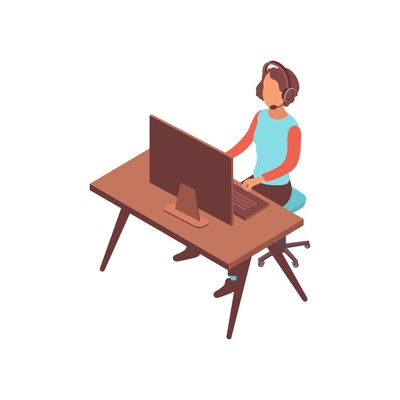 Blogger isometric composition with girl reviewing computer games sitting at table with hands free set vector illustration