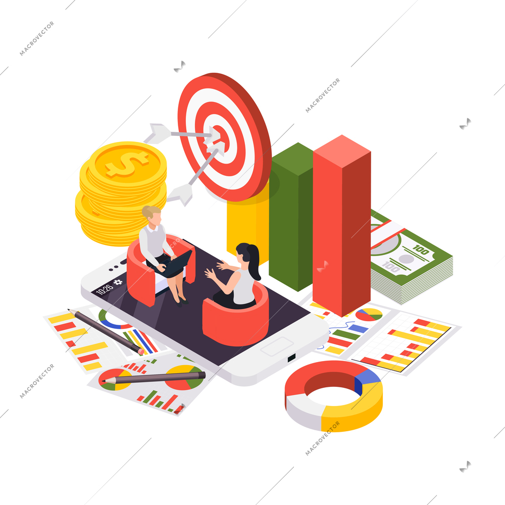 Wealth management isometric composition with smartphone and sitting women with diagrams bar chart and coins vector illustration