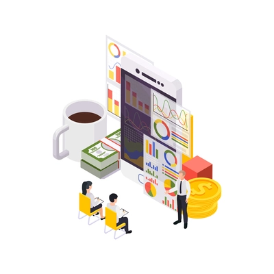 Wealth management isometric composition with small characters of business people with infographic charts on smartphone screens vector illustration