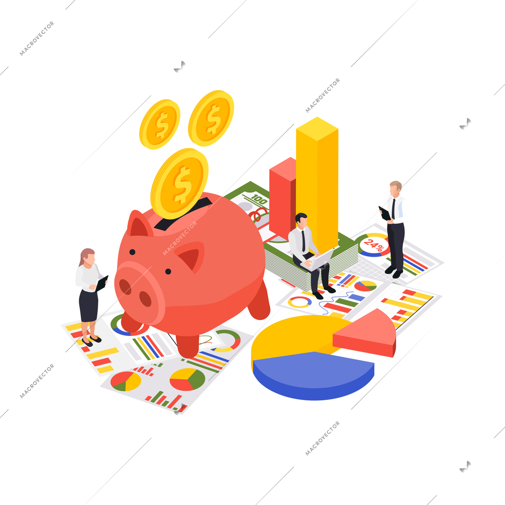 Wealth management isometric composition with pig shaped money box with coins and infographic data charts vector illustration