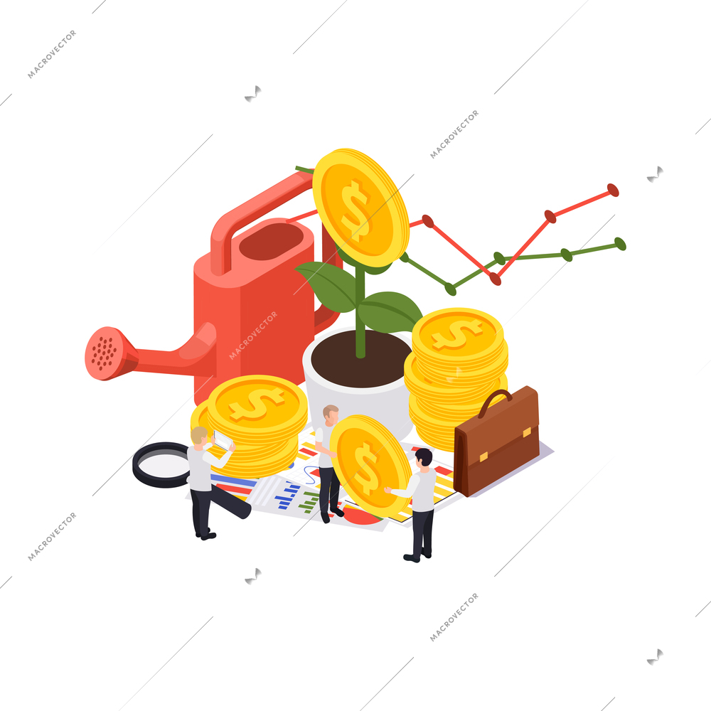 Wealth management isometric composition with images of coin flower in pot with business people characters vector illustration