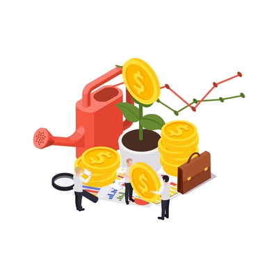 Wealth management isometric composition with images of coin flower in pot with business people characters vector illustration