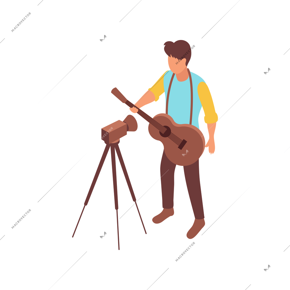 Blogger isometric composition with video camera on tripod and male character of musician with acoustic guitar vector illustration