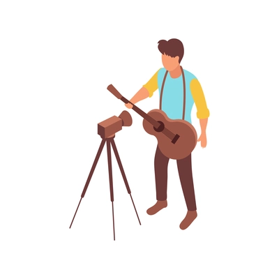 Blogger isometric composition with video camera on tripod and male character of musician with acoustic guitar vector illustration