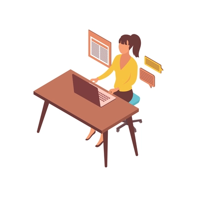 Blogger isometric composition with character of woman at table with laptop and messaging icons vector illustration