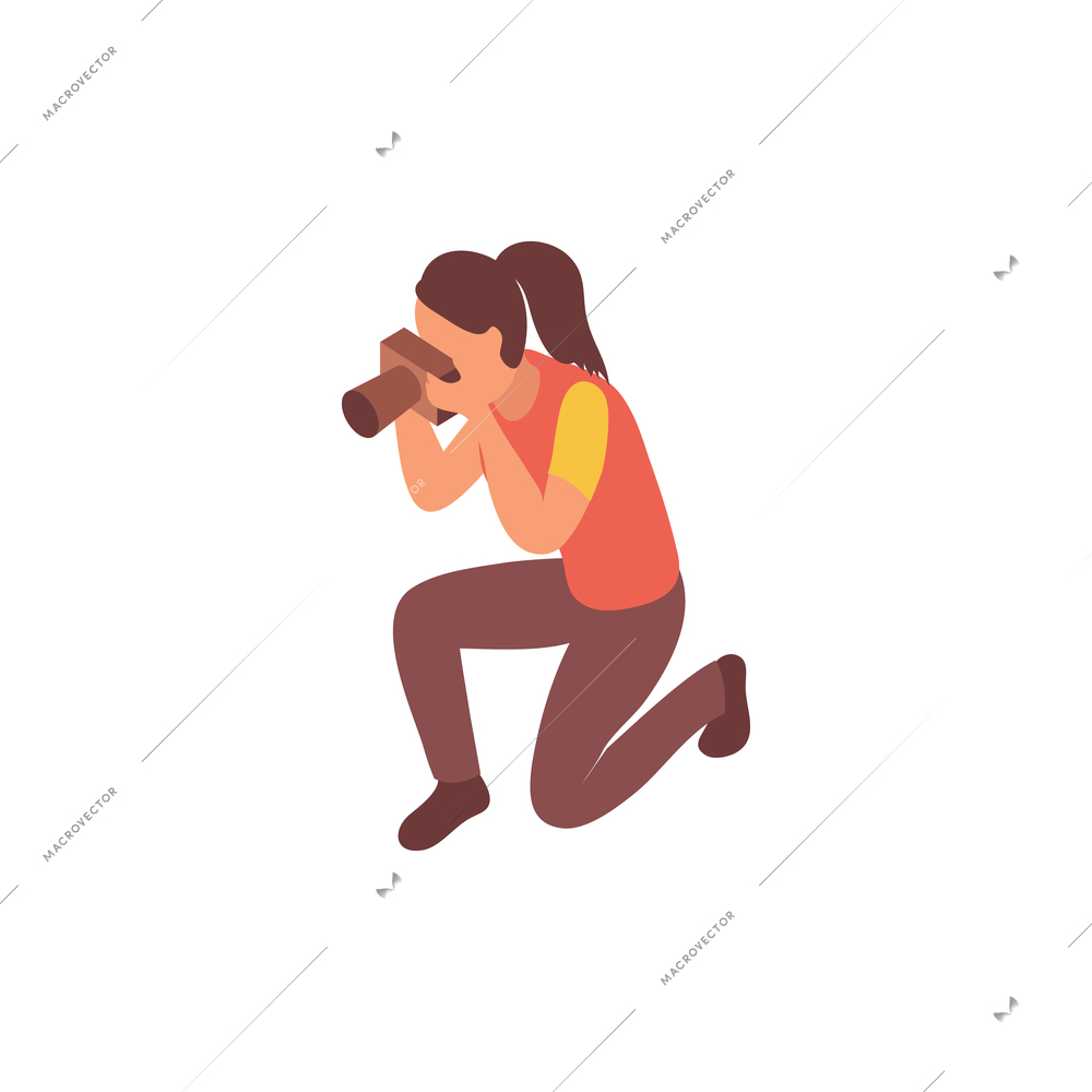 Blogger isometric composition with isolated human character of girl with professional photo camera vector illustration