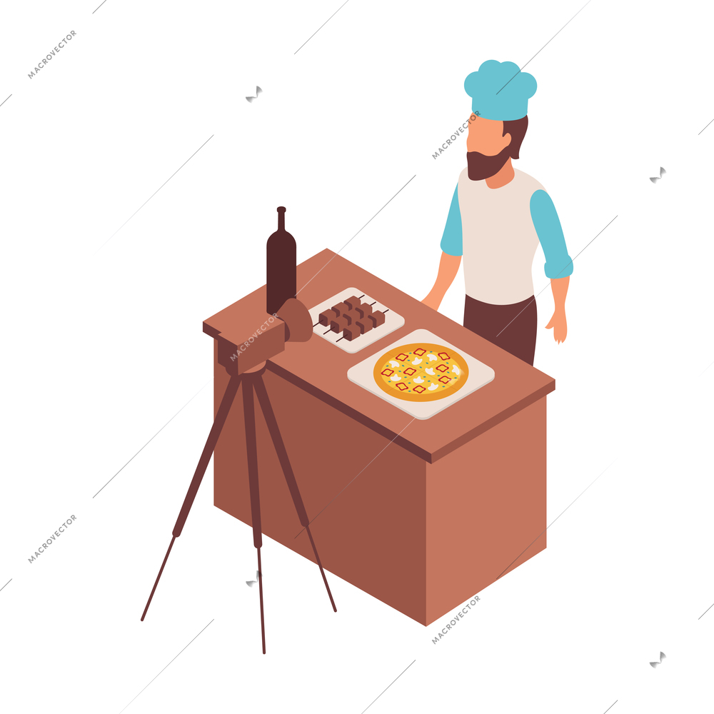 Blogger isometric composition with character of cook in uniform with food on table and camera vector illustration