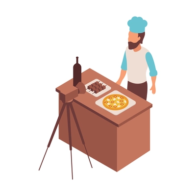 Blogger isometric composition with character of cook in uniform with food on table and camera vector illustration