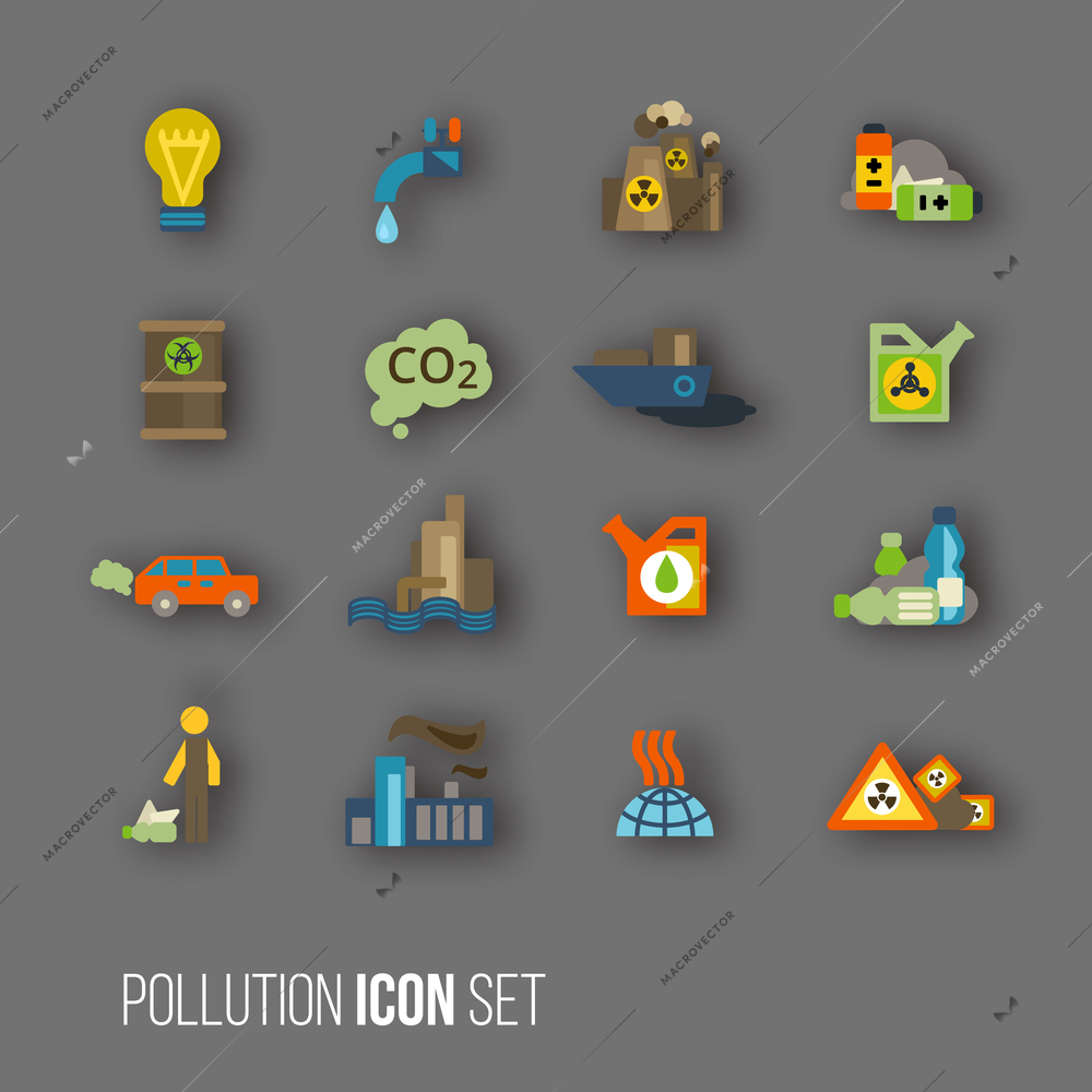 Radioactive and carbon dioxide toxic waste human activity waste air water pollution icons set isolated vector illustration