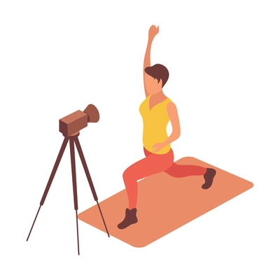 Blogger isometric composition with woman doing gymnastic exercises in front of shooting camera vector illustration