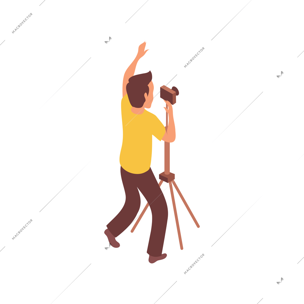 Blogger isometric composition with isolated character of guy near tripod with dslr camera vector illustration