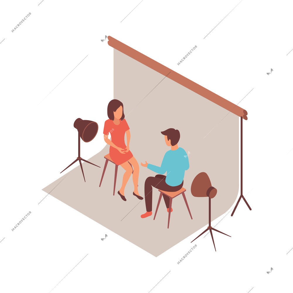 Blogger isometric composition with sitting interviewer and guest characters with lighting equipment and studio cyclorama vector illustration
