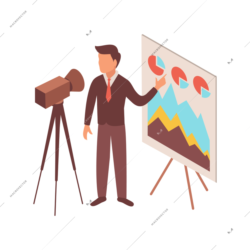 Blogger isometric composition with male character in smart clothes with camera and diagram charts vector illustration