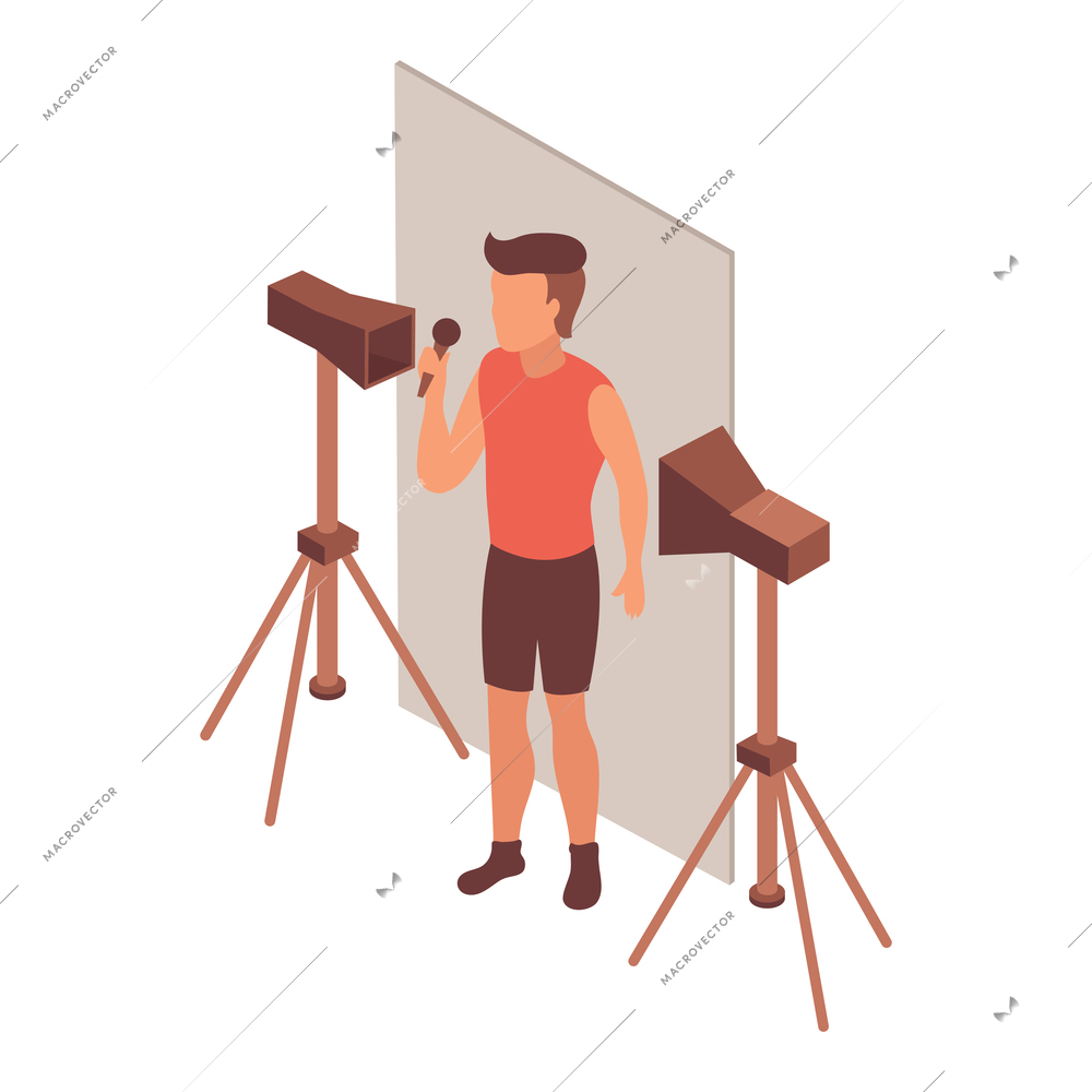 Blogger isometric composition with character of talking guy with microphone and lighting equipment vector illustration