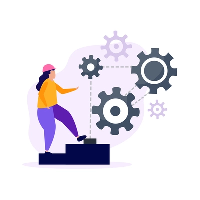 Engineering flat icons composition with female character of engineer pushing pedestal pedal button with gears vector illustration