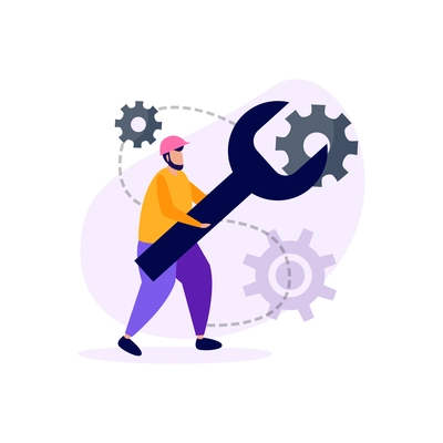 Engineering flat icons composition with doodle style character of engineer with wrench key and gear images vector illustration