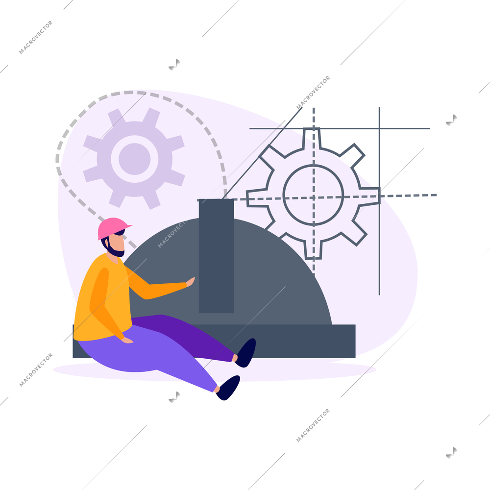 Engineering flat icons composition with images of made piece with project figures and human character vector illustration