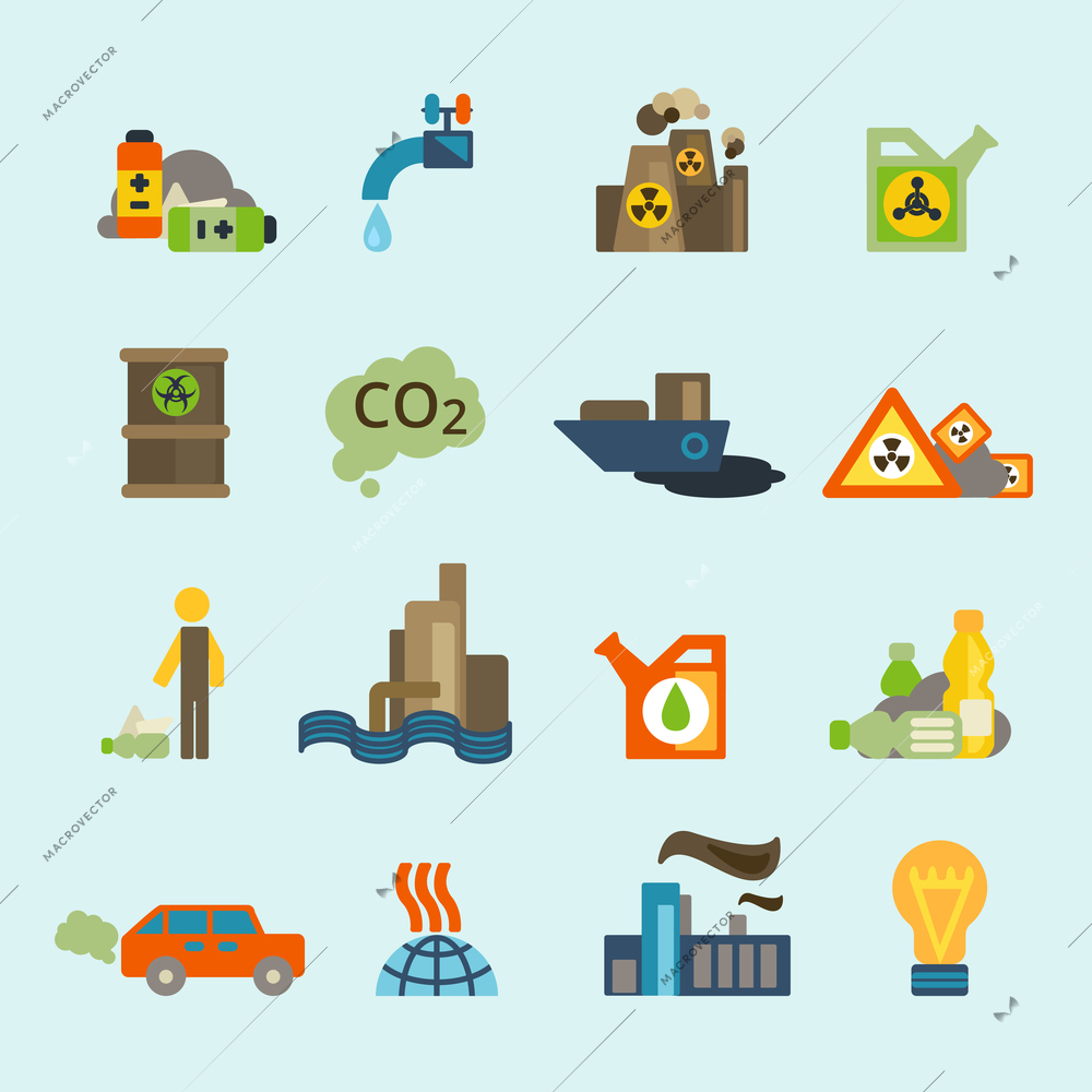 Radioactive nucleus waste and batteries disposal diffuse environment contamination symbols pictograms flat abstract collection isolated vector illustration