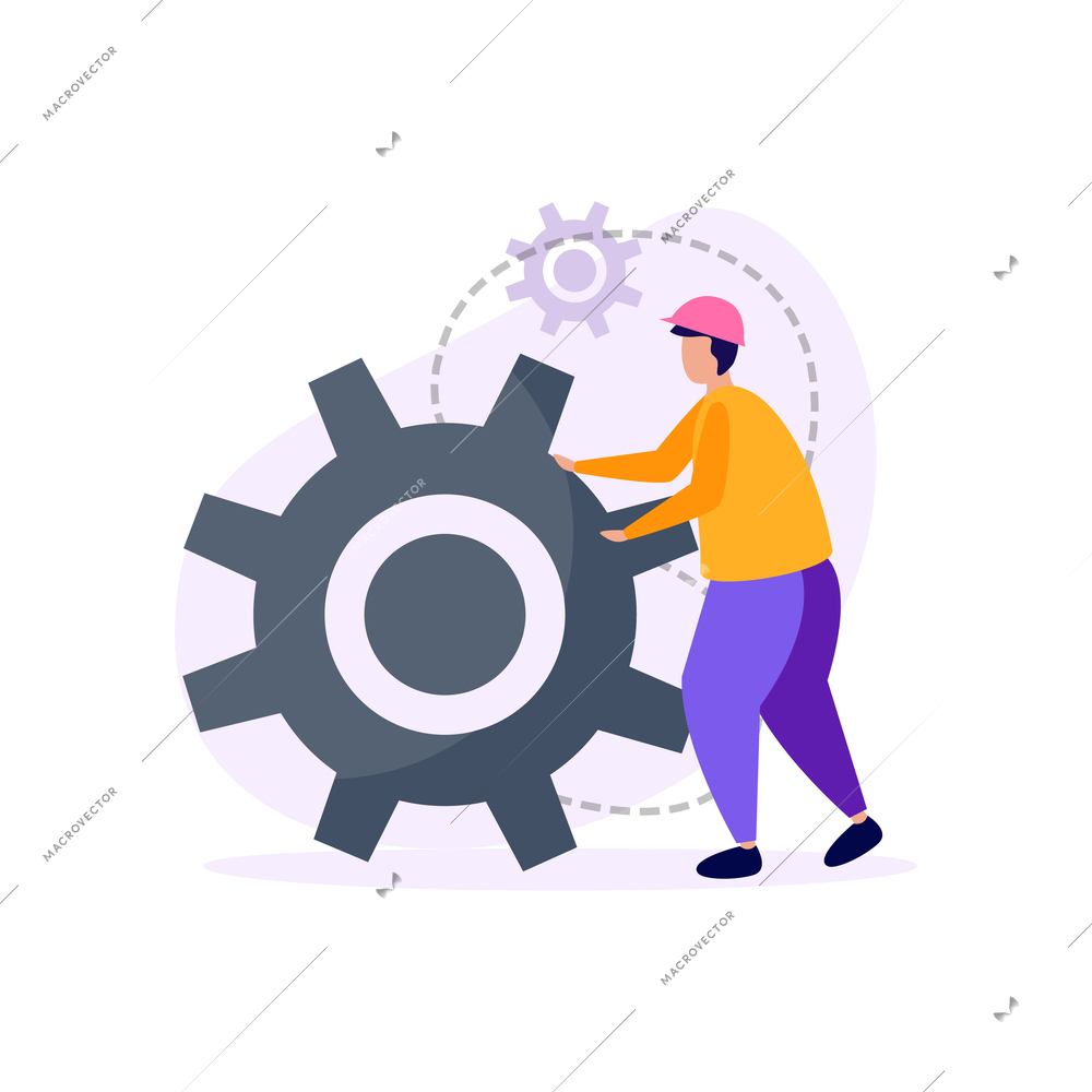 Engineering flat icons composition with engineer character in hard hat moving big gear vector illustration