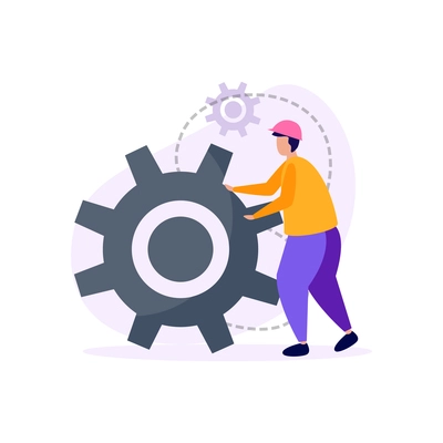 Engineering flat icons composition with engineer character in hard hat moving big gear vector illustration