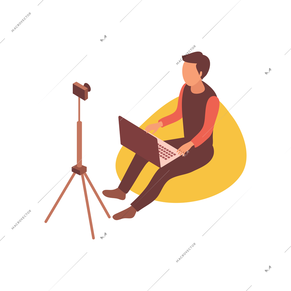 Blogger isometric composition with character of sitting guy with laptop and camera on tripod vector illustration