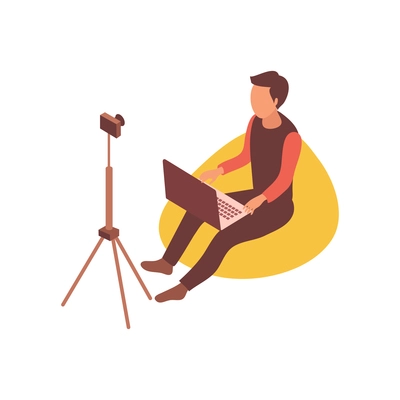 Blogger isometric composition with character of sitting guy with laptop and camera on tripod vector illustration