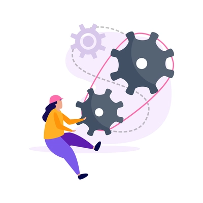 Engineering flat icons composition with images of gears connected with tape and female engineer character vector illustration