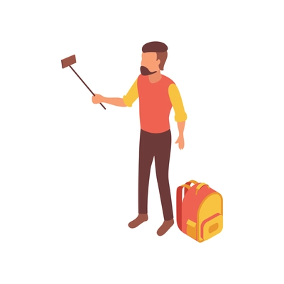 Blogger isometric composition with isolated character of man with beard holding selfie stick with smartphone vector illustration