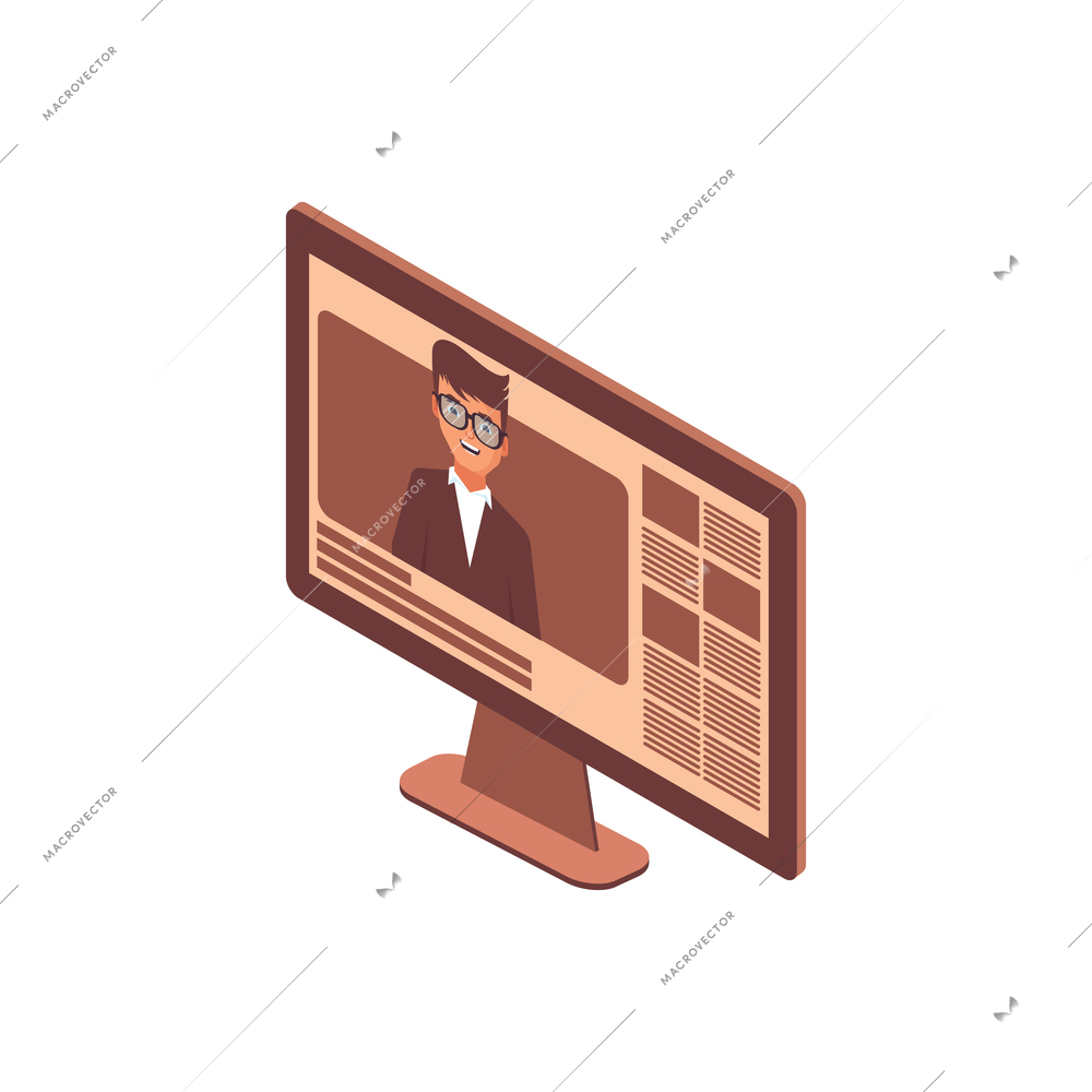 Blogger isometric composition with isolated image of computer display with opened video blog and male character vector illustration