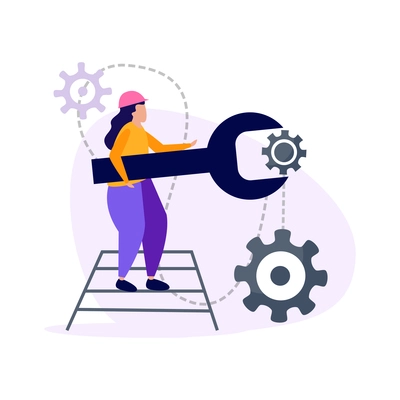 Engineering flat icons composition with human character adjusting gear icons with screw key vector illustration