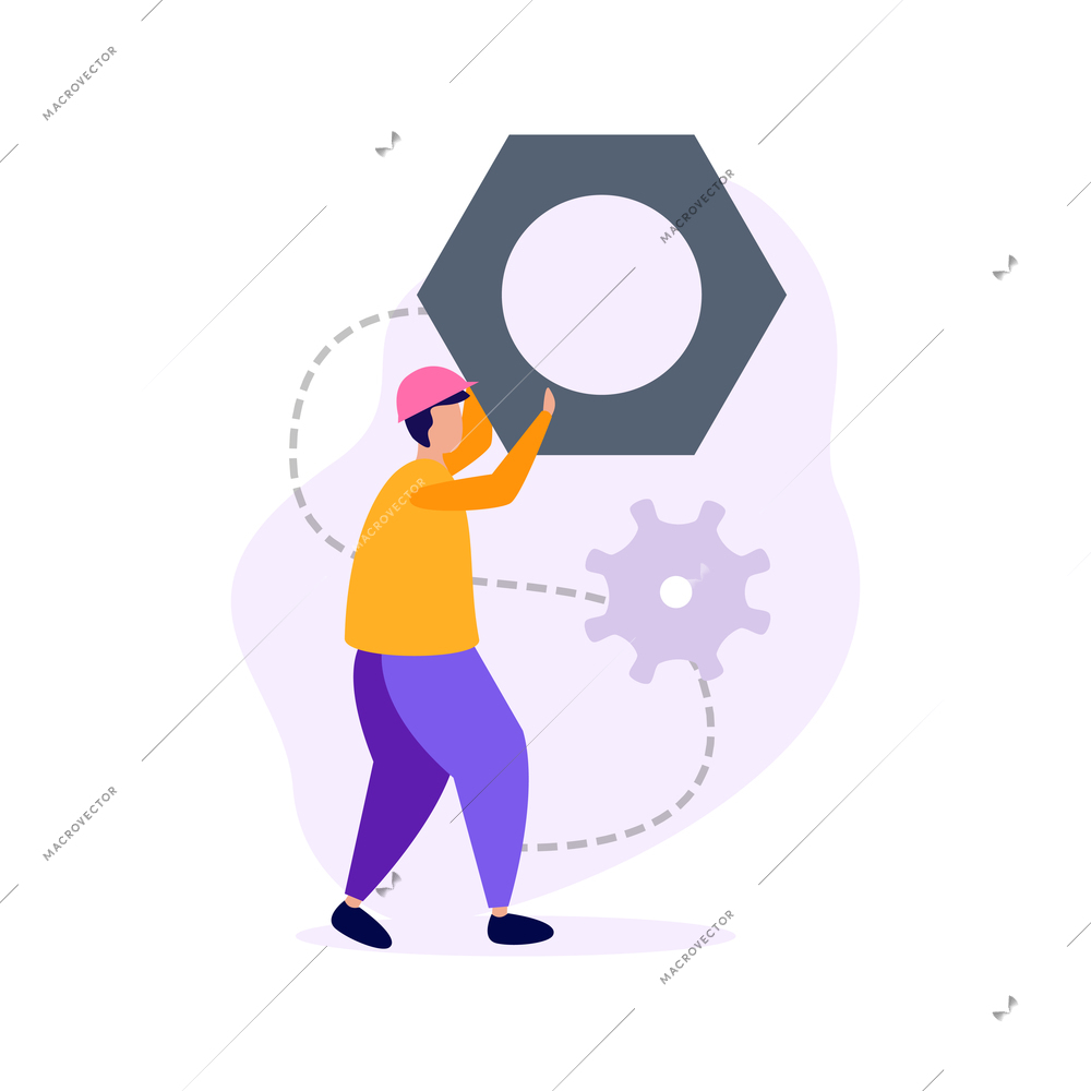 Engineering flat icons composition with gear images dashed lines and human character of engineer vector illustration