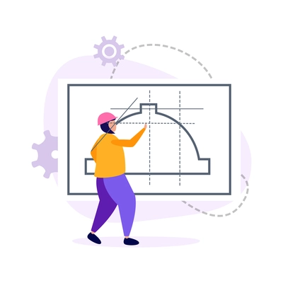 Engineering flat icons composition with gear silhouettes and character of engineer drawing project vector illustration