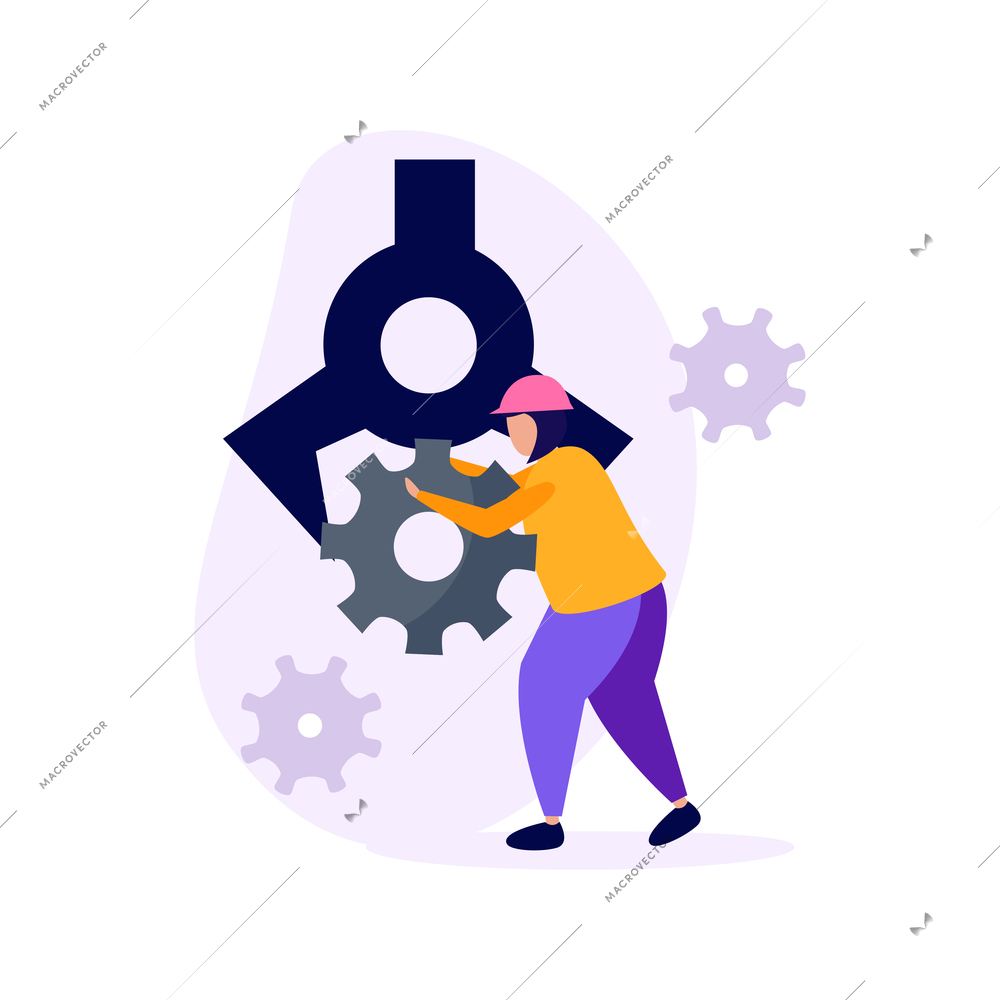 Engineering flat icons composition with gear images and industrial manipulator arm with engineer character vector illustration