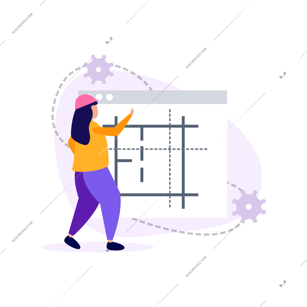 Engineering flat icons composition with female character of engineer creating project on computer window vector illustration