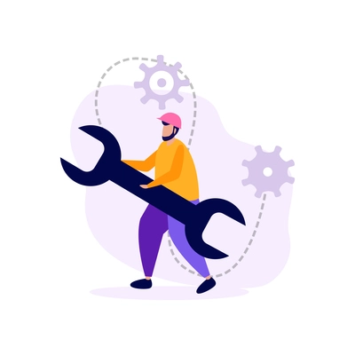 Engineering flat icons composition with human character of technician in hard hat holding screw key vector illustration